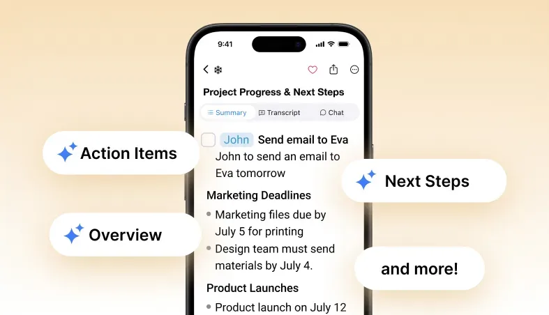 Smartphone displaying SummaryAI.app’s Project Progress & Next Steps screen with bullet-pointed marketing deadlines and callouts for Action Items, Overview, Next Steps, and more on a peach background.