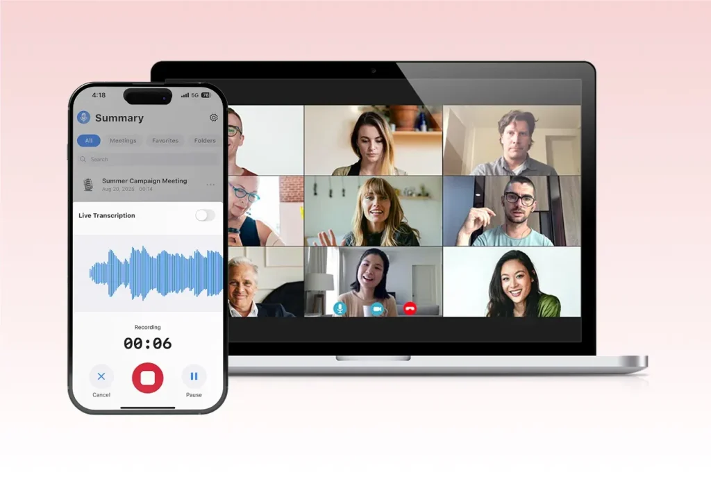 Smartphone showing SummaryAI.app’s live audio recording interface with waveform, timer, stop/pause controls, and a “Live Transcription” toggle, alongside a laptop displaying a multi-participant video conference grid on a soft pink background.