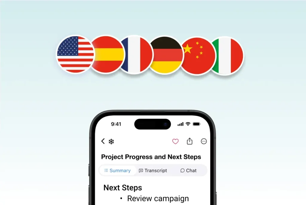 Six circular country flags—United States, Spain, France, Germany, China, and Italy—aligned above a mobile summary screen, illustrating SummaryAI.app’s support for multilingual transcription and translation.