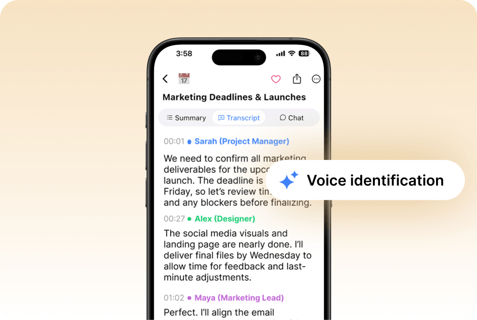 A smartphone screen titled “Marketing Deadlines & Launches” shows the transcript tab active. It displays labeled speaker lines: “00:01 Sarah (Project Manager): We need to confirm all marketing deliverables …,” followed by “00:27 Alex (Designer): The social media visuals …,” and “01:02 Maya (Marketing Lead): Perfect. I’ll align ….” A callout bubble on the right reads “Voice identification” with a sparkle icon.