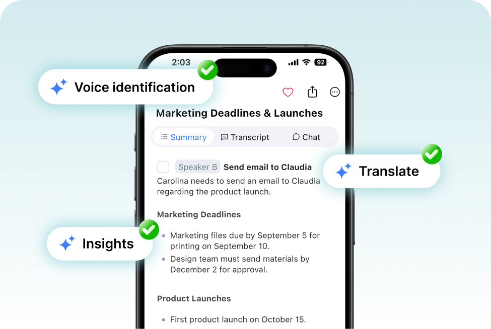 Smartphone screen showing a meeting summary titled “Marketing Deadlines & Launches,” annotated with badges for voice identification, insights, and translation features.