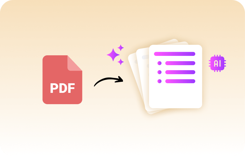 Red PDF file icon with an arrow pointing to stacked white summary pages marked with purple bullet points, sparkles, and an AI chip, set against a beige gradient.