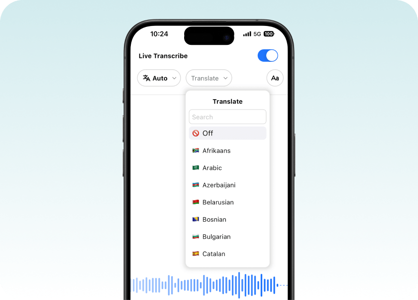 Smartphone displaying a “Live Transcribe” screen with the Translate dropdown open, showing a vertical list of language choices and a blue audio waveform at the bottom.