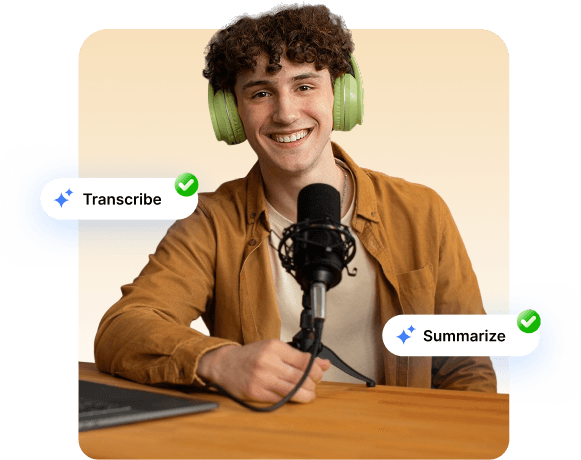 Podcaster with green headphones speaking into a microphone, flanked by “Transcribe” and “Summarize” badges, representing AI-powered audio processing.
