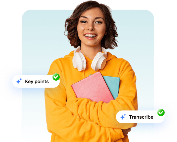 Young woman in a yellow hoodie and white headphones holding two books, with “Key points” and “Transcribe” badges, illustrating AI-driven educational summaries.