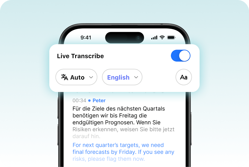 Smartphone “Live Transcribe” panel showing an enabled toggle, “Auto” and “English” language selectors, and an “Aa” text-size button, over a German transcript with English subtitles.