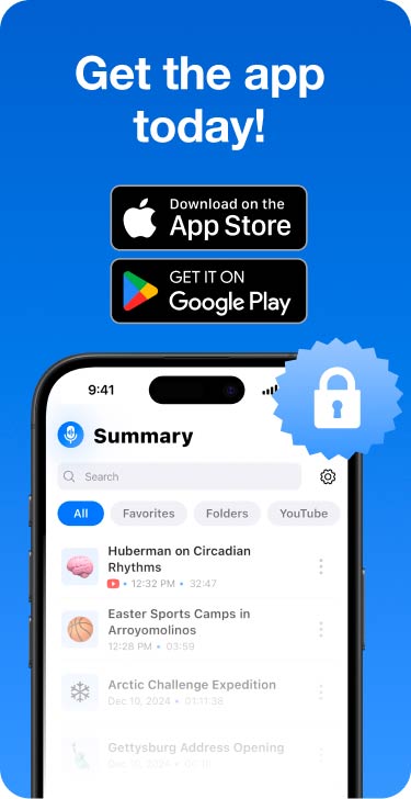Promotional banner with “Get the app today!” headline above App Store and Google Play buttons, plus a smartphone screen showing SummaryAI.app’s UI and a lock icon for security.