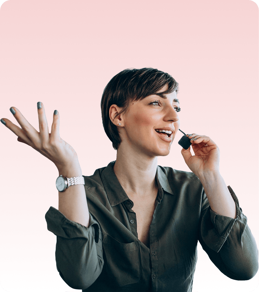 A smiling woman wearing a headset microphone speaks with an expressive hand gesture against a soft pink background, illustrating a live conversation recording scenario.