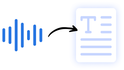 Graphic showing audio waveforms transforming into a text document, illustrating speech-to-text conversion by AI.