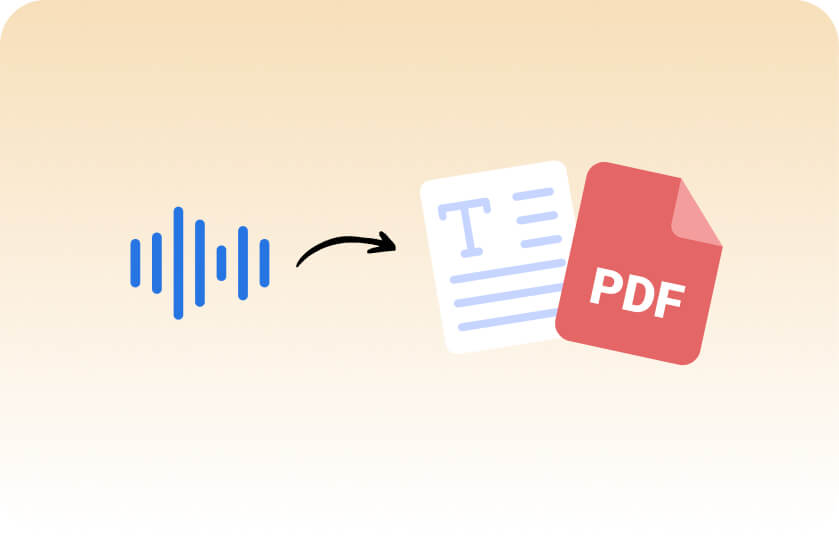 A stylized blue audio waveform on the left with a black arrow pointing to a white document icon and a red PDF file icon on the right, illustrating audio-to-PDF transcription.