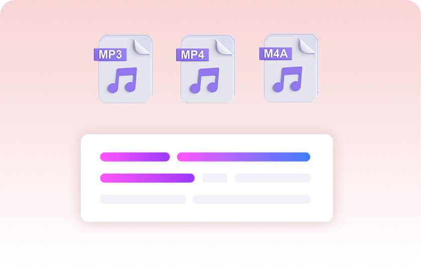 Three white document icons labeled “MP3,” “MP4,” and “M4A” float above a stylized text block with gradient highlights, illustrating support for multiple audio formats to text conversion in SummaryAI.app.