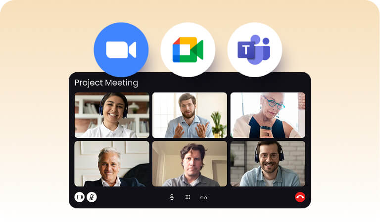 Laptop screen displaying a “Project Meeting” video grid of six participants with Zoom, Google Meet, and Microsoft Teams icons above, illustrating SummaryAI.app’s seamless meeting integrations.