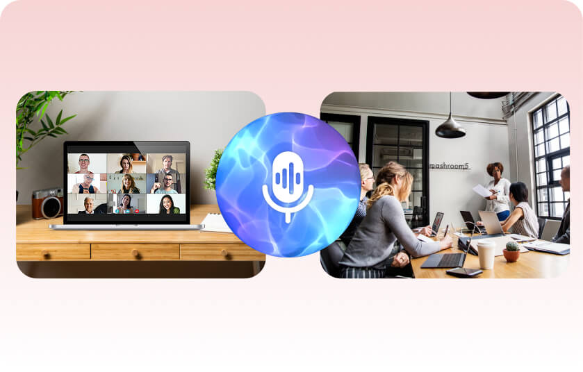 Laptop displaying a remote video conference grid on the left, a central AI microphone icon, and an in-person meeting around a table on the right, illustrating hybrid meeting summaries.