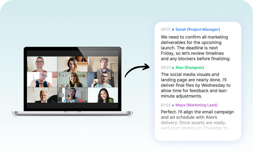 Laptop screen showing a video conference grid of six participants next to a transcript panel listing messages from Sarah (Project Manager), Alex (Designer), and Maya (Marketing Lead).