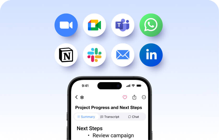 Eight circular icons (Zoom, Google Meet, Teams, WhatsApp, Notion, Slack, Email, LinkedIn) floating above a smartphone screen showing SummaryAI.app’s “Project Progress and Next Steps” summary view on a soft blue gradient background.