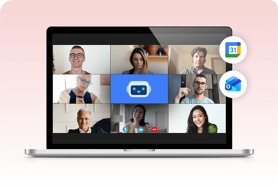 Laptop displaying a video conference grid of eight participants with a central AI bot icon, alongside Google Calendar and Outlook icons, set against a pink background.