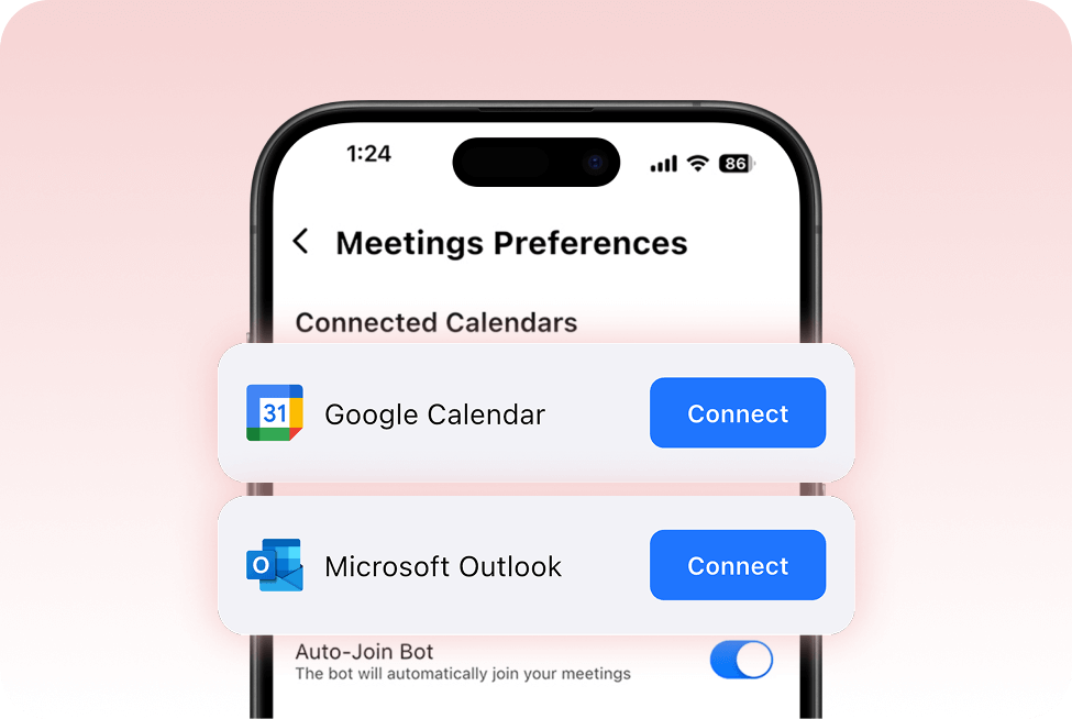 Smartphone screen showing “Meetings Preferences” with pop-up cards for “Google Calendar” and “Microsoft Outlook,” each featuring a “Connect” button, against a soft pink background.
