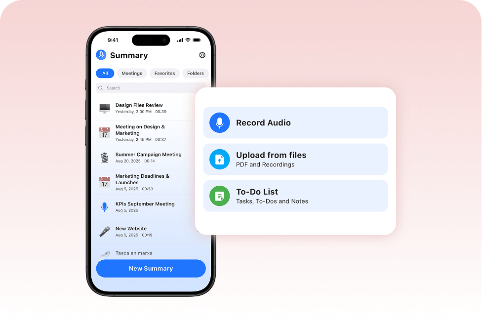 An iPhone screen shows the SummaryAI.app interface with a list of past recordings and a “New Summary” button. Next to it, a pop-up menu offers three actions: “Record Audio” (with a microphone icon), “Upload from files” (PDF & Recordings), and “To-Do List” (Tasks, To-Dos and Notes).