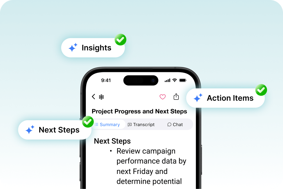 A smartphone screen displays the SummaryAI.app summary view titled “Project Progress and Next Steps.” Surrounding it are three labeled badges with green checkmarks: “Insights,” “Next Steps,” and “Action Items,” all set against a light teal background.
