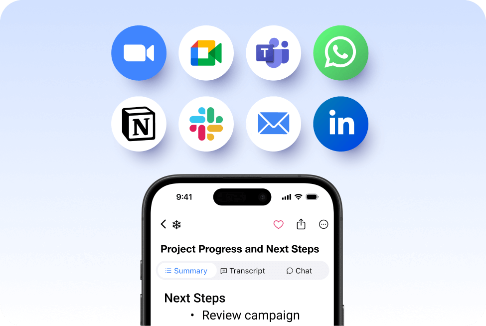 A smartphone screen shows the SummaryAI.app interface titled “Project Progress and Next Steps.” Above it float eight circular icons for Zoom, Google Meet, Microsoft Teams, WhatsApp, Notion, Slack, Email, and LinkedIn integrations, all set against a soft blue background.