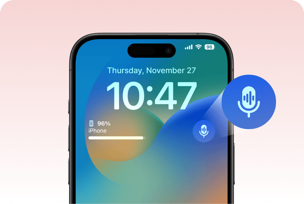 iPhone lock screen displaying the date, time, and battery level, with two blue microphone icons floating at the right.