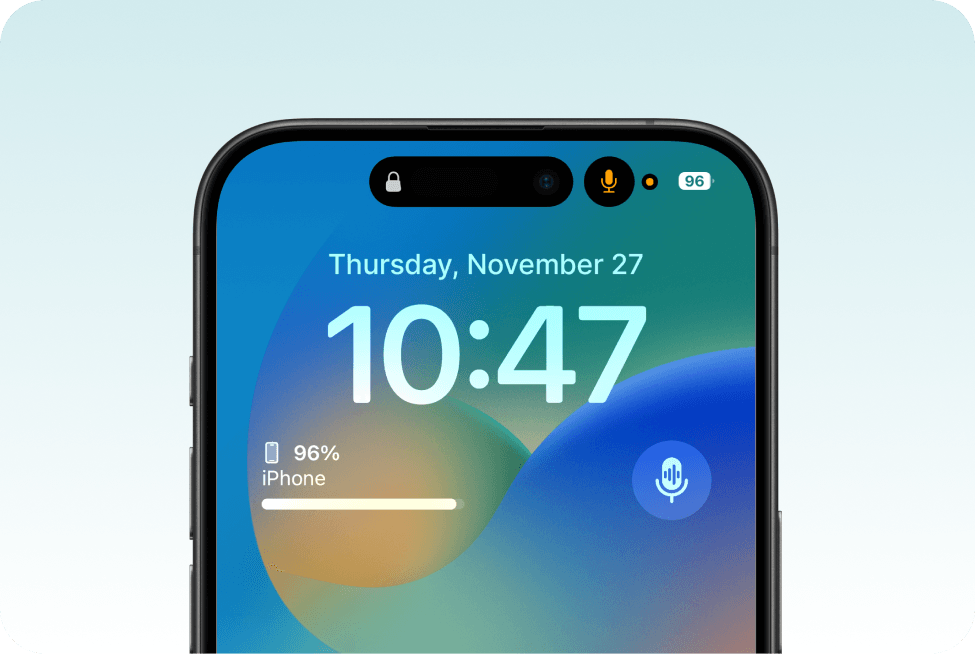 iPhone lock screen with date, time, battery level, Dynamic Island showing lock and orange mic-in-use indicator, and a floating blue microphone icon on the right.