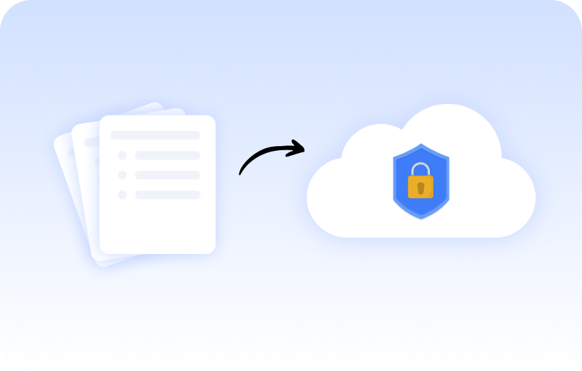 A stack of documents with an arrow pointing to a cloud icon containing a shield and padlock, representing secure cloud storage.