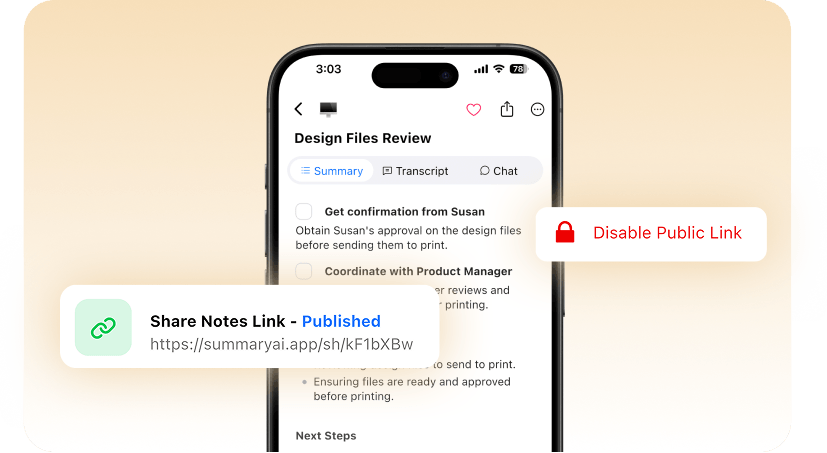 Phone showing a meeting summary with a “Share Notes Link – Published” banner and a “Disable Public Link” button.