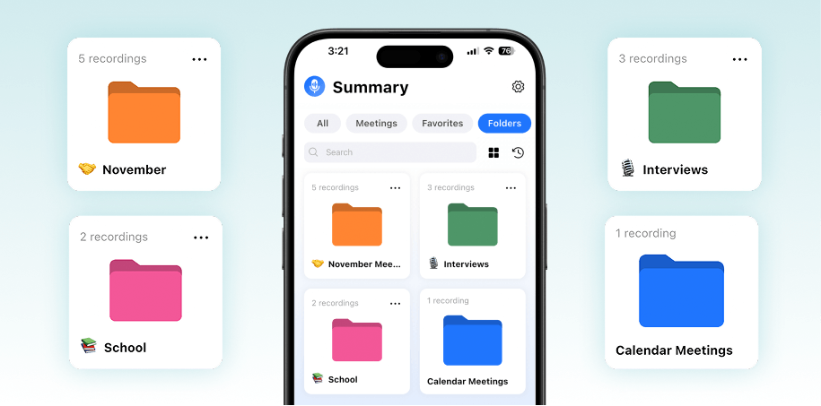Smartphone displaying four folders in the Summary app — November Meetings, Interviews, School, and Calendar Meetings — with matching enlarged folder cards floating around it.