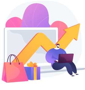 A vibrant vector scene featuring a laptop screen displaying an upward-trending yellow arrow chart. To its left sit a pink shopping bag and two gift boxes, while on the right a seated person works on a second laptop.