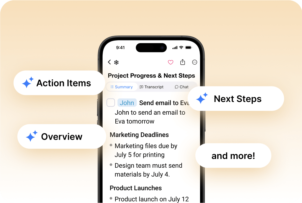 iPhone showing a project progress summary with action items, overview, next steps, and more highlighted by callout labels.