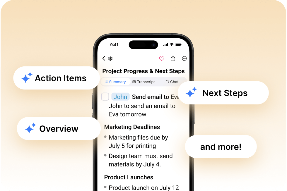 Smartphone displaying a meeting summary titled “Project Progress & Next Steps” with a checked task for John to email Eva, bullet lists under Marketing Deadlines and Product Launches, and callout badges reading Action Items, Overview, Next Steps, and and more!