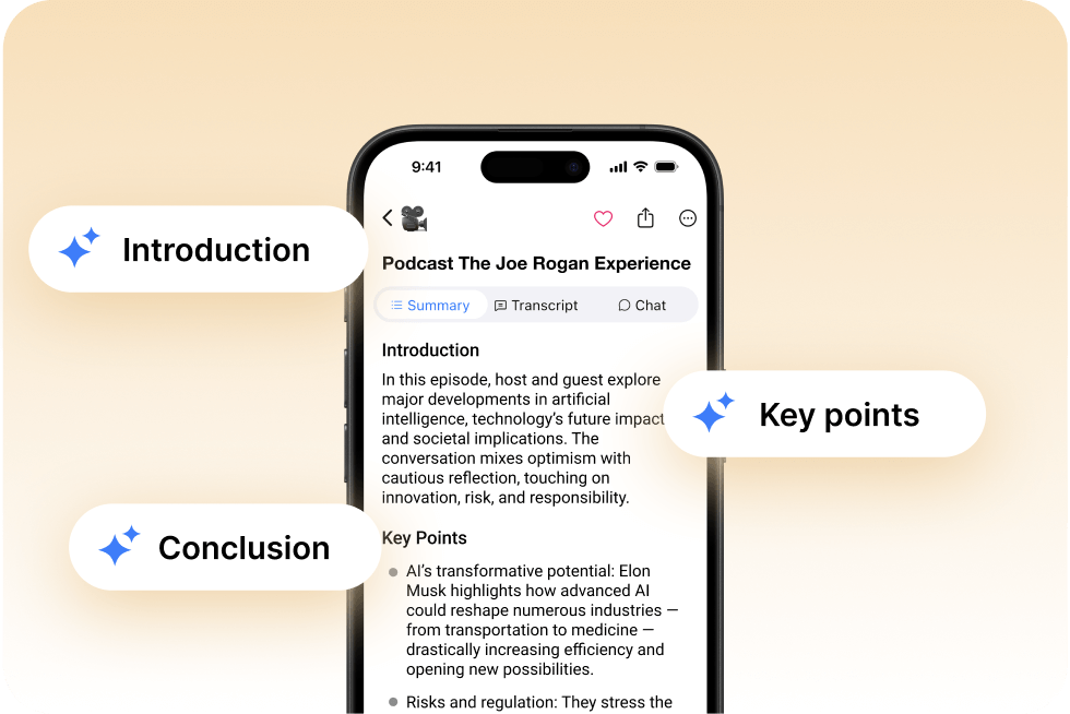 iPhone screen displaying a podcast summary for “The Joe Rogan Experience” with callout labels marking the Introduction paragraph, Key Points bullet list, and Conclusion section.
