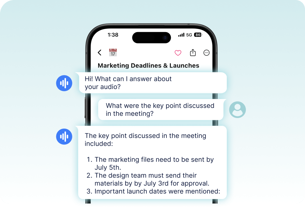 Phone showing AI chat: AI asks how it can help, user asks for key meeting points, AI replies with a numbered summary of deadlines and launch dates.