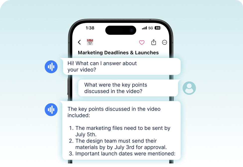 Phone showing AI chat: AI asks how it can help, user asks for key meeting points, AI replies with a numbered summary of deadlines and launch dates.