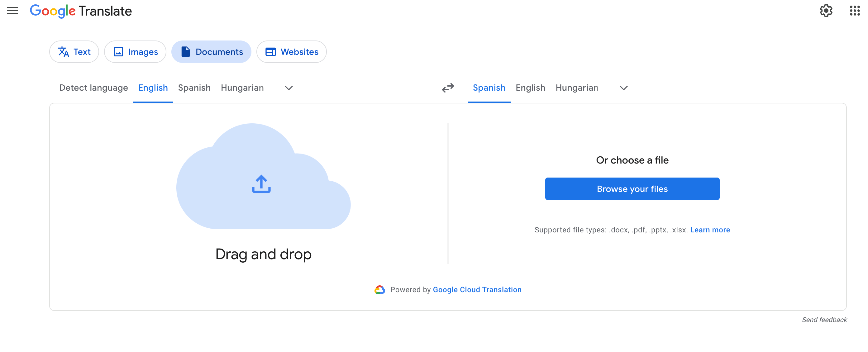 google translate documents tab