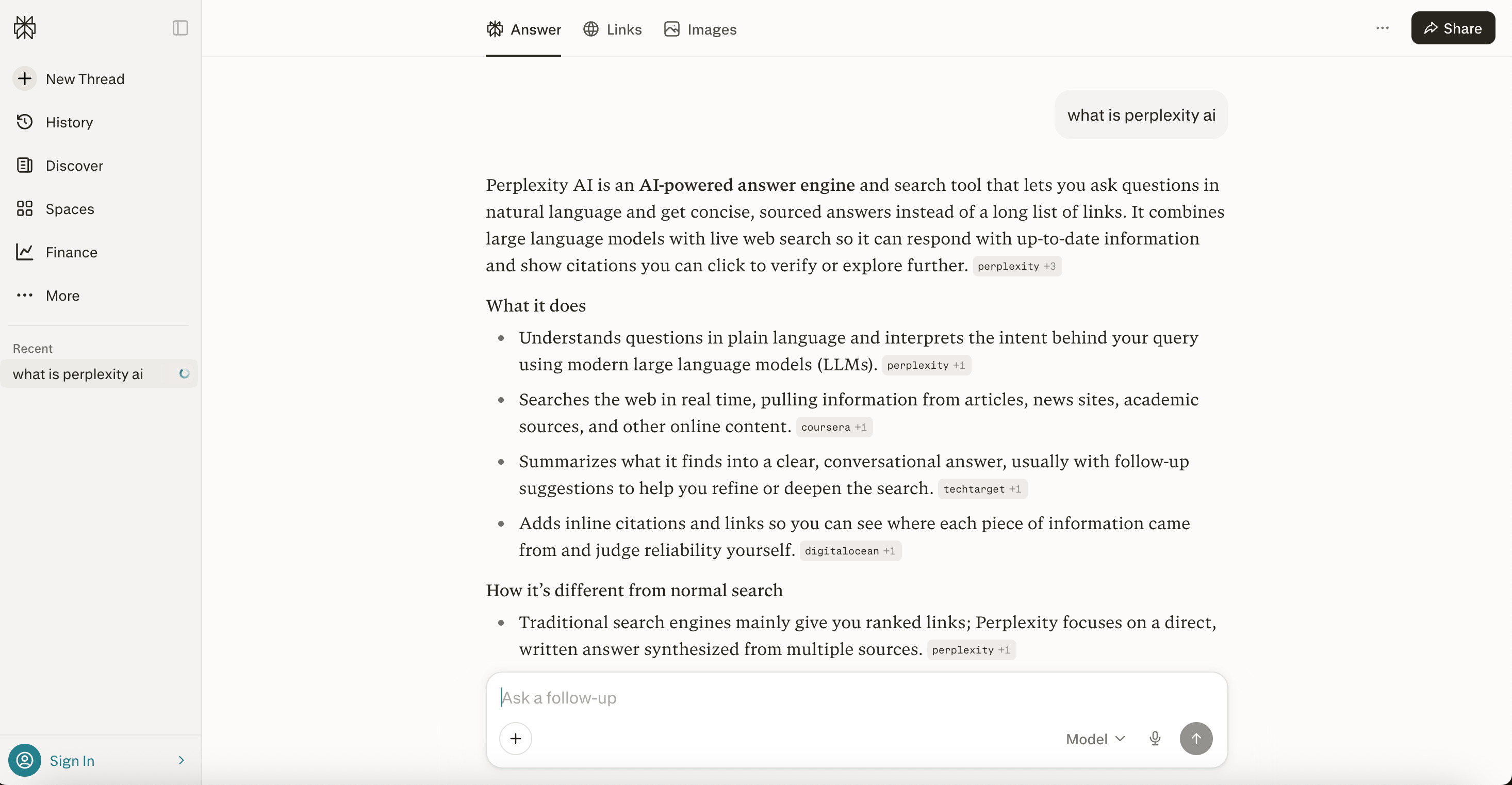 perplexity dashboard showing answer to prompt