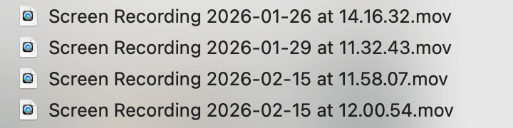 four screen recording files showing file naming convention with date and time