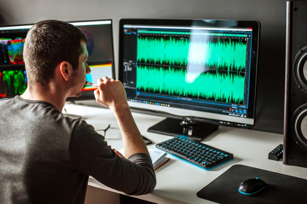 sound engineer editing a recording on software