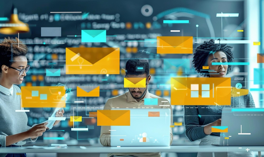 Marketer building an email automation workflow on laptop