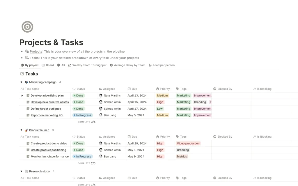 notion platform showing project dashboard