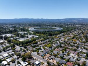 silicon valley aerial view with apple park and bay area buildings