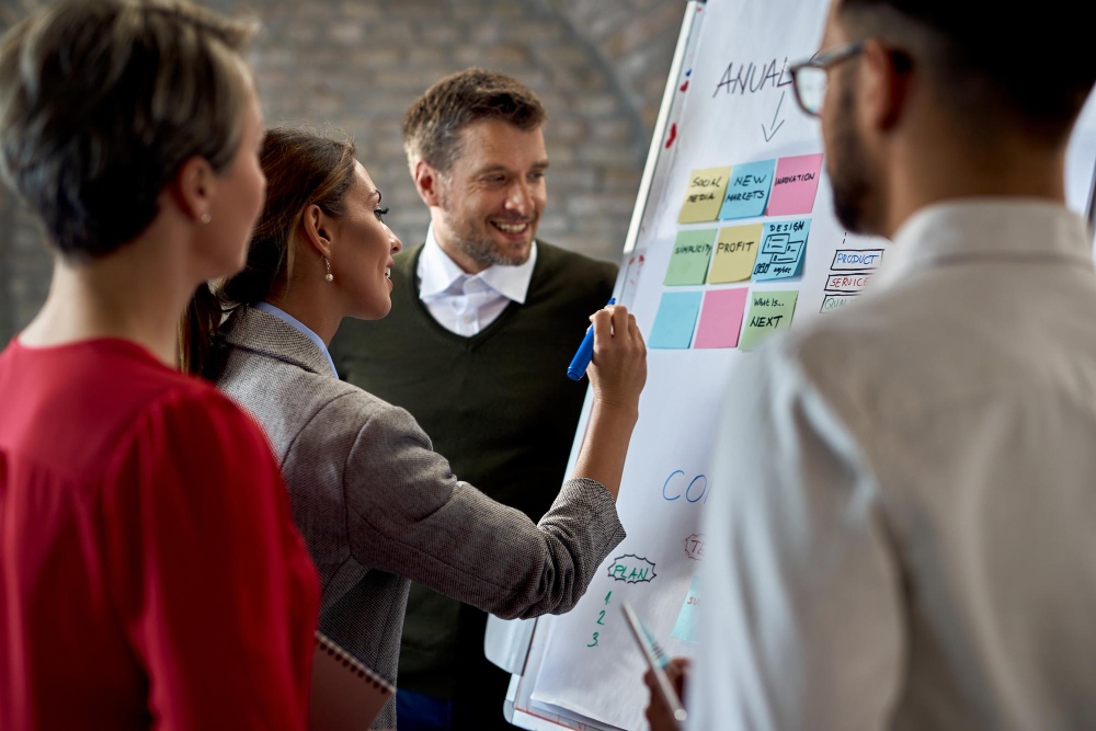 team planning ai marketing strategy in office