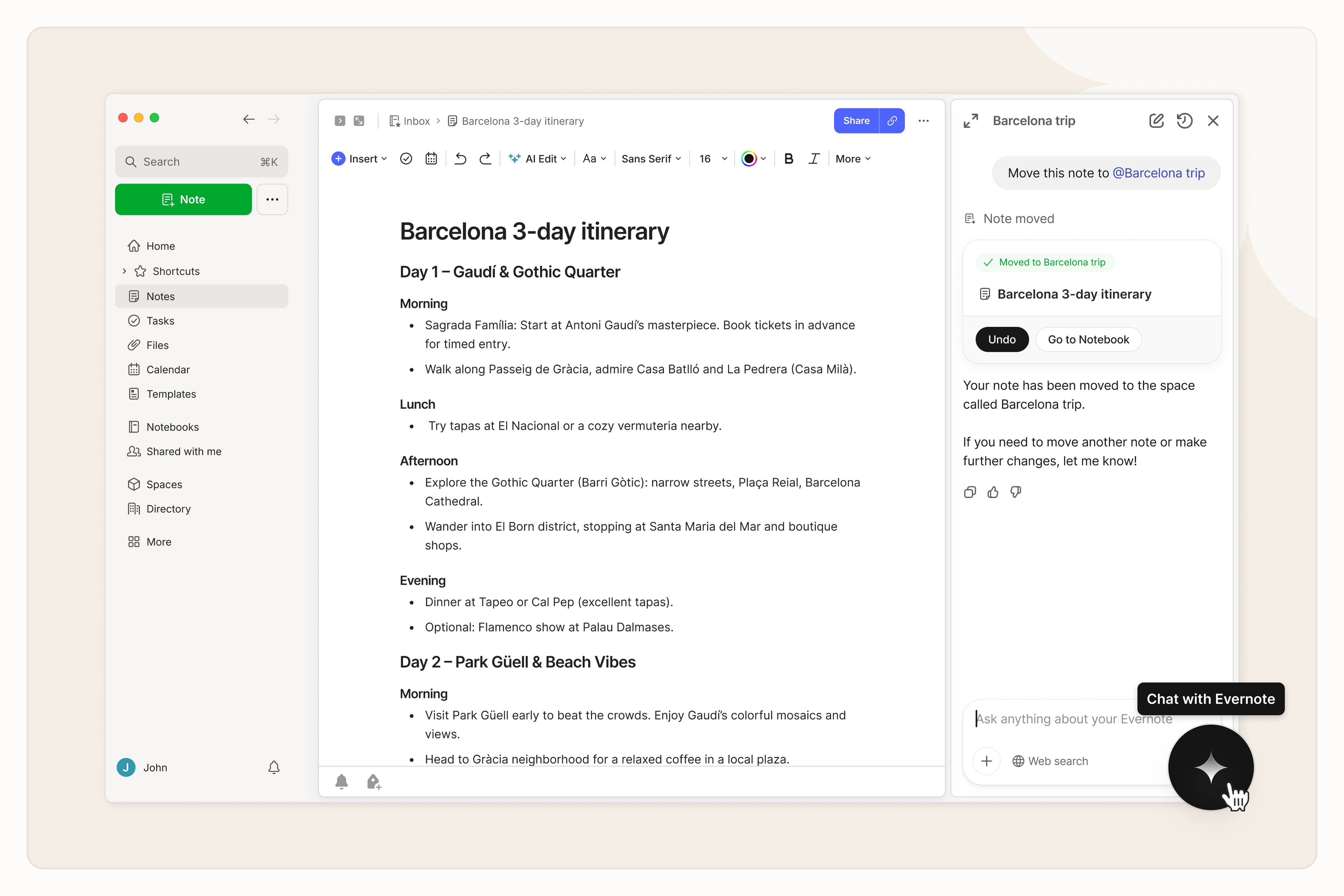 evernote platform showing ai assistant