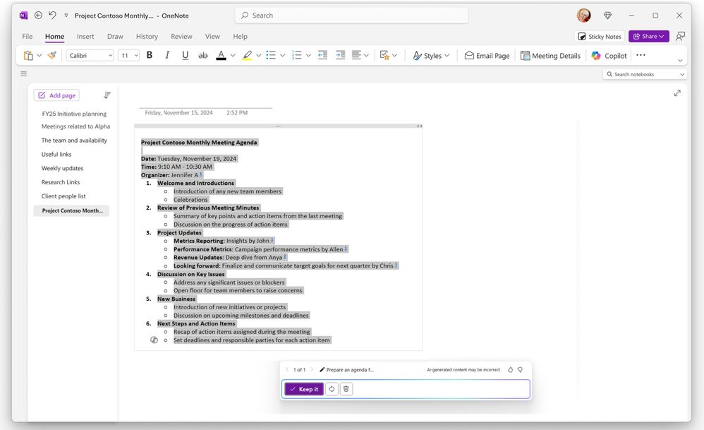 copilot summarizing notes in microsoft onenote