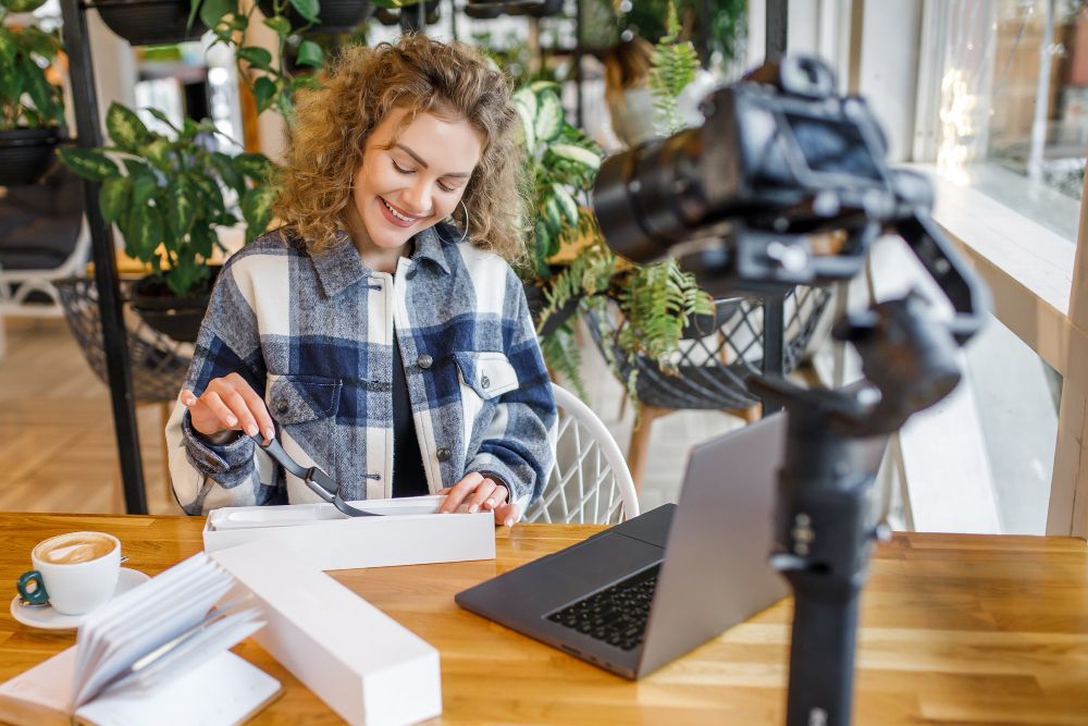 content creator with dslr filming social media video