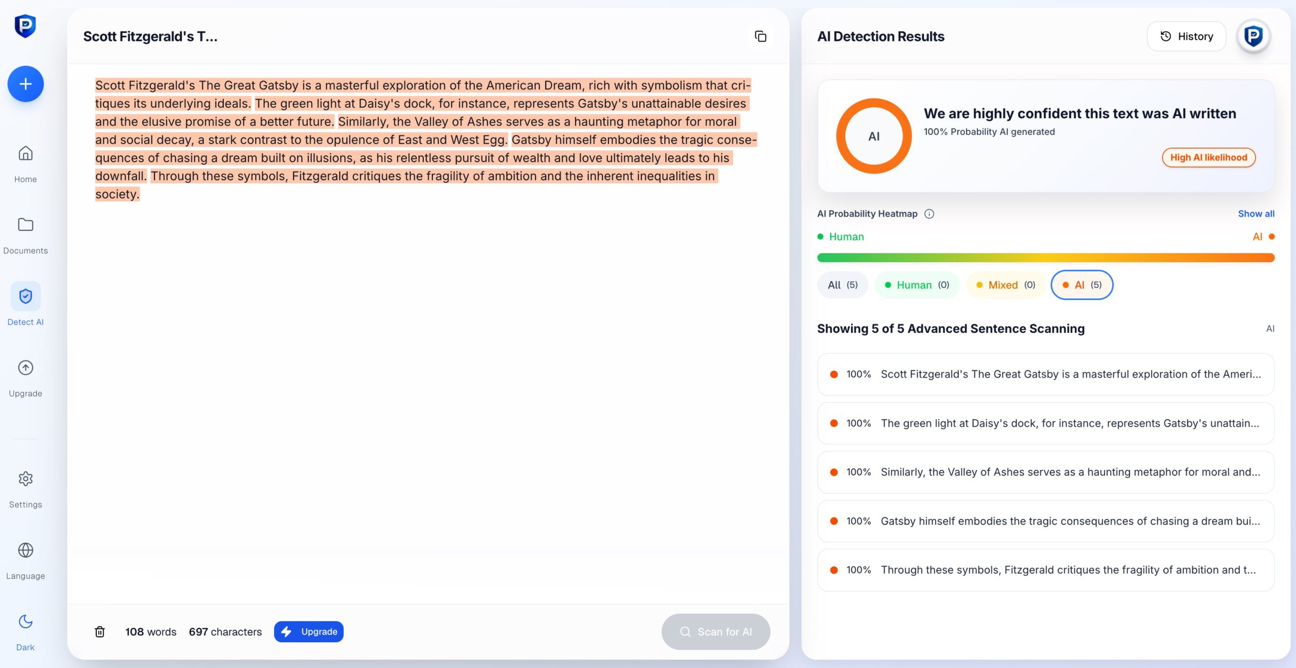 proofademic dashboard shows text and results