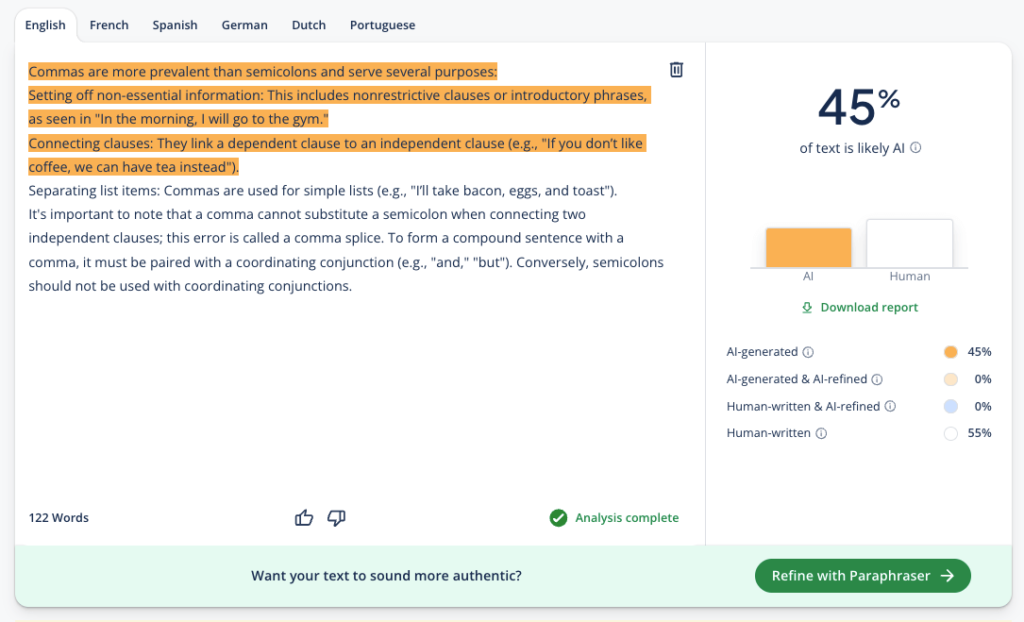 quillbot checking human written AI-refined text