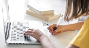 remote worker managing a transcription workflow