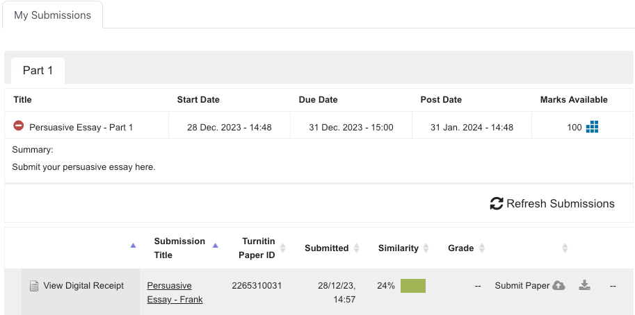 turnitin dashboard showing essay uploaded